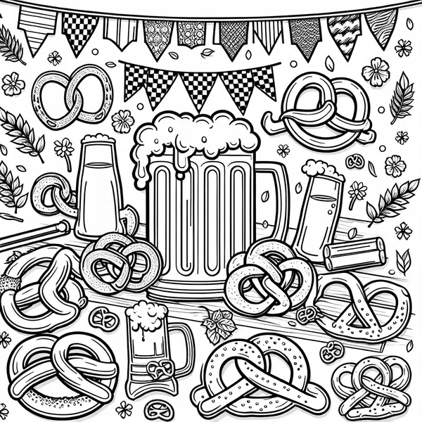 Octoberfest scene with pretzels, beer mugs, and banners